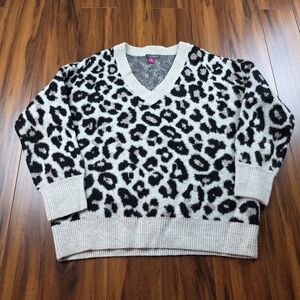 Vince Camuto Sweater Leopard Animal Print Long Sleeve Sexy V Neck Tan Brown Sz M